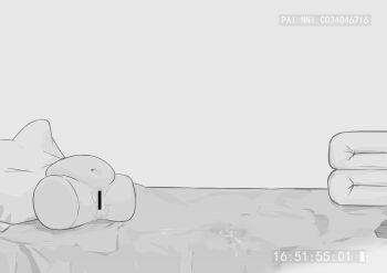 absurdres artificial_vagina_with_body bar_censor blue_archive censored greyscale highres indoors monochrome no_humans painnico pillow timestamp