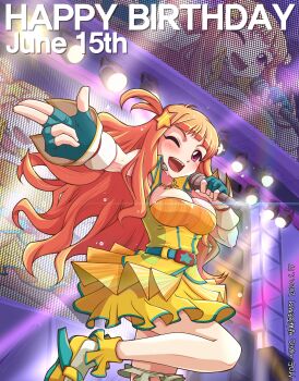 1girl aqua_gloves artist_name banghwadongjopidi belt blunt_bangs boots breasts character_name cleavage colored_lights concert copyright_name dated dot_nose dress english_text eres_(master_of_eternity) fingerless_gloves flying_sweatdrops gloves hair_ornament happy_birthday headset highres holding holding_microphone idol idol_clothes korean_commentary layered_skirt long_hair master_of_eternity medium_breasts microphone one_eye_closed one_side_up open_mouth orange_hair purple_eyes screen skirt smile solo speaker stage stage_lights standing standing_on_one_leg star_(symbol) star_hair_ornament teeth underbust upper_teeth_only yellow_boots yellow_dress