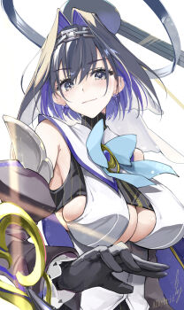 1girl artist_name black_gloves blue_bow bow bow_earrings breasts chain chain_headband detached_sleeves earrings gloves hair_intakes halo hashtag-only_commentary highres hololive hololive_english jewelry large_breasts light_smile mechanical_halo ouro_kronii ouro_kronii_(1st_costume) signature virtual_youtuber won_(az_hybrid)