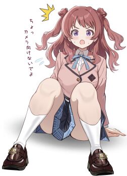 Rule 34 | 1girl, :o, ^^^, absurdres, blazer, blue ribbon, blue skirt, blush, breasts, brown hair, brown shoes, collared shirt, commentary, convenient skirt, dress shirt, fallen down, flying sweatdrops, full body, gakuen idolmaster, hair rings, hanami saki, hatsuboshi gakuen school uniform, highres, idolmaster, jacket, loafers, medium breasts, miniskirt, neck ribbon, open mouth, pink jacket, pleated skirt, purple eyes, ribbon, school uniform, shirt, shoes, simple background, sitting, skirt, socks, solo, sweat, translation request, two side up, white background, white shirt, white socks, zaofeng