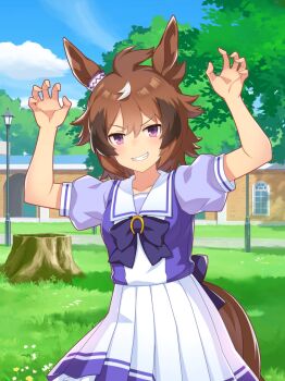 1girl absurdres animal_ears artist_request back_bow bare_arms blue_bow blue_bowtie blue_shirt blue_sky bow bowtie brooch brown_hair claw_pose cloud collarbone cowboy_shot day dot_nose ear_ornament fern flower frilled_skirt frills game_cg grass grin hair_between_eyes high-waist_skirt highres horse_ears horse_girl horse_tail horseshoe_ornament jewelry lamppost light_blush loose_hair_strand medium_hair messy_hair miniskirt multicolored_hair official_art outdoors path pleated_skirt puffy_short_sleeves puffy_sleeves purple_eyes road sailor_collar school school_uniform shade shinko_windy_(umamusume) shirt short_sleeves skirt sky smile smug solo streaked_hair tail tracen_school_uniform tree tree_stump tsurime two-tone_shirt umamusume v-shaped_eyebrows white_flower white_sailor_collar white_shirt white_skirt yellow_flower