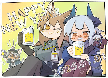 2025 3girls ;> @_@ almond_(arknights) animal_ear_fluff animal_ears arknights beer_mug black_skirt blue_jacket border brown_hair character_doll commentary_request cup dated dog_ears dog_girl dog_tail doll dragon_horns drooling drunk feet_out_of_frame fox_ears franka_(arknights) gradient_background grey_hair grey_pantyhose happy_new_year holding holding_cup holding_doll horns id_card jacket konno_akikaze liskarm_(arknights) long_hair mug multiple_girls new_year one_eye_closed open_mouth orange_background pantyhose pleated_skirt red_thighhighs short_hair skirt tail thighhighs twitter_username visor_cap white_border yellow_background