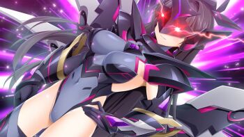 1girl avalastia black_gloves black_hair breasts corruption covered_navel cowboy_shot dark_persona dutch_angle elbow_gloves game_cg gloves glowing glowing_eyes grey_leotard hand_on_own_hip headgear highleg highleg_leotard impossible_clothes impossible_leotard itakano_shigure kamitsurugi_ouka kouyoku_senki_exs-tia_concert large_breasts large_variant_set leotard long_hair looking_at_viewer mask mecha_musume non-web_source official_art red_eyes shiny_clothes skin_tight smile solo standing thighhighs variant_set very_long_hair