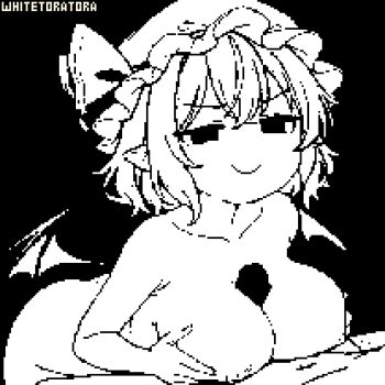 1boy 1girl alternate_breast_size_(larger) animated animated_gif artist_name bat_wings bilingual_commentary breasts breasts_squeezed_together closed_mouth commentary completely_nude english_commentary erection greyscale hat hat_ribbon hetero large_breasts looping_animation medium_hair mixed-language_commentary mob_cap monochrome nipples nude paizuri penis pointy_ears remilia_scarlet ribbon smile touhou whitetoratora wings