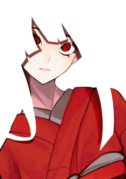 1girl absurdres blending closed_mouth eyelashes hashtag-only_commentary head_tilt highres japanese_clothes kimono long_hair long_sidelocks looking_at_viewer original red_eyes red_kimono sidelocks simple_background slit_pupils solo takeurae upper_body white_background white_hair