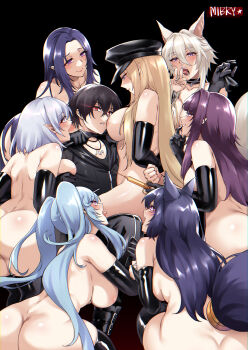 1boy alpha_(kage_no_jitsuryokusha_ni_naritakute!) animal_ears beta_(kage_no_jitsuryokusha_ni_naritakute!) black_hair blonde_hair blue_eyes blush bodysuit breasts cid_kagenou closed_mouth delta_(kage_no_jitsuryokusha_ni_naritakute!) elf epsilon_(kage_no_jitsuryokusha_ni_naritakute!) gamma_(kage_no_jitsuryokusha_ni_naritakute!) grey_eyes harem hat highres holding kage_no_jitsuryokusha_ni_naritakute! long_hair mibry_(phrysm) multiple_girls open_mouth pointy_ears purple_eyes red_eyes short_hair smile twintails very_long_hair wolf_girl zeta_(kage_no_jitsuryokusha_ni_naritakute!)