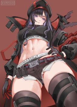 1girl absurdres black_coat black_gloves black_hair black_hat black_sports_bra black_thighhighs breasts coat collared_coat colored_inner_hair commentary commission eunhwa_(nikke) eunhwa_(tactical_upgrade)_(nikke) from_below gloves goddess_of_victory:_nikke grey_panties hand_on_own_hip hat high_collar highres leon_kunisagi long_hair long_sleeves looking_at_viewer looking_down micro_shorts mole mole_under_mouth multicolored_hair navel official_alternate_costume open_clothes open_coat panties purple_eyes purple_hair shorts solo sports_bra sports_panties stomach thighhighs two-tone_gloves underwear vgen_commission