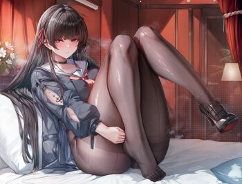 1girl absurdres alternate_breast_size_(larger) arm_cutout black_choker black_hair black_jacket black_pantyhose black_shoes blush breasts chinese_commentary chisa_(wuthering_waves) choker closed_mouth clothing_cutout collarbone commentary_request hair_ribbon highres huge_breasts jacket knees_up large_variant_set long_hair long_sleeves looking_at_viewer lrrer neckerchief no_pants on_bed pantyhose pillow red_eyes red_neckerchief red_ribbon ribbon sailor_collar shoes single_shoe sitting solo steaming_body thick_thighs thighband_pantyhose thighs toes variant_set white_sailor_collar wuthering_waves