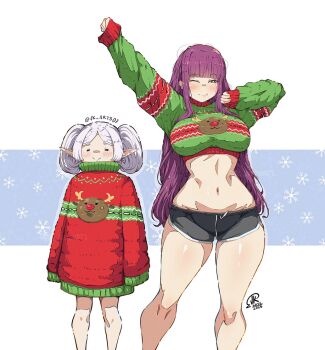 2girls ;) =_= arm_up artist_logo artist_name bare_legs black_shorts blunt_bangs blush breasts christmas christmas_sweater closed_mouth commentary cropped_sweater earrings elf english_commentary fern_(sousou_no_frieren) frieren green_sweater jewelry jk_arts large_breasts letterboxed logo long_hair long_sleeves looking_at_viewer midriff multicolored_sweater multiple_girls navel one_eye_closed parted_bangs pointy_ears purple_eyes purple_hair red_sweater reindeer_print short_shorts shorts sidelocks sleeves_past_fingers sleeves_past_wrists smile snowflake_background sousou_no_frieren stomach straight_hair stretching sweater teardrop_earrings thighs turtleneck turtleneck_sweater twintails twitter_username very_long_hair white_hair