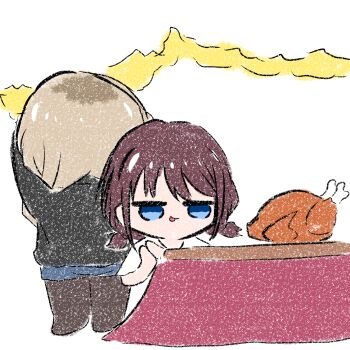 2girls absurdres black_shirt blue_eyes brown_hair chinese_commentary commentary_request food girls_band_cry highres iseri_nina jo8blhrvkta6duw kawaragi_momoka kotatsu long_hair low_twintails multicolored_hair multiple_girls roots_(hair) shirt short_hair short_twintails simple_background table twintails white_background