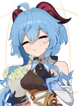 1girl ahoge bare_shoulders bell black_bow black_gloves blue_hair blush bodystocking bouquet bow breasts brown_bodystocking chinese_clothes closed_eyes closed_mouth commentary_request detached_collar detached_sleeves dress earrings flower ganyu_(genshin_impact) genshin_impact gloves goat_horns gold_trim hair_between_eyes hair_bow hands_up highres holding holding_bouquet holding_flower horns jewelry long_hair long_sleeves low_ponytail mandarin_collar neck_bell pink_bow ponytail sidelocks sleeveless sleeveless_dress small_breasts smile solo strapless strapless_dress upper_body user_wapz7472 wavy_hair white_dress white_sleeves yellow_flower