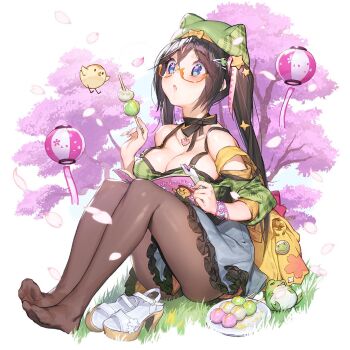 1girl baby_animal bird black_choker blue_eyes breasts brown_hair brown_pantyhose cherry_blossoms chick choker cleavage dango falling_petals food frilled_skirt frills frog glasses hair_ornament hat holding holding_food kino_books large_breasts long_hair on_grass pantyhose petals ribbon_choker sandals shoes sitting skirt star_(symbol) star_hair_ornament twintails uchi_no_hime-sama_ga_ichiban_kawaii unworn_shoes wagashi white_shoes whoisshe yellow_bag