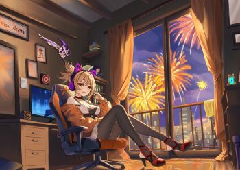 1girl :d absurdres alt_text analog_clock animal_ear_headphones animal_ears artist_logo balcony blonde_hair bookshelf bow_(weapon) breasts carpet casual cat_ear_headphones cat_ears chair choker cleavage clock commentary_request curtains desk drawer dress fake_animal_ears fireworks gaming_chair genshin_impact hand_up headphones high_heels highres hood hooded_jacket indoors isai_salazar jacket logo long_hair looking_at_viewer medium_breasts monitor night off_shoulder open_mouth orange_jacket pendant_choker picture_frame ponytail red_choker red_shoes screen shoes signature sitting sleeveless sleeveless_dress smile spanish_commentary spanish_text stirrup_legwear swivel_chair title_screen toeless_legwear translated twitter_username video_game weapon weapon_on_wall white_dress window wooden_floor yellow_eyes yoimiya_(genshin_impact)
