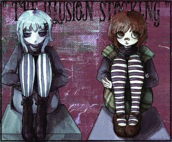 Rule 34 | 2girls, android, aqua hair, bandaid, bandaid on face, bandaid on nose, ben-day dots, black boots, black border, black coat, boots, border, brown hair, brown shoes, coat, colored skin, commentary, crimescenepartz, dress, english commentary, english text, faux traditional media, freckles, full body, green dress, hair ornament, hairclip, highres, horizontal-striped clothes, hugging own legs, kasia (peripeteia), knees to chest, marie (peripeteia), mary janes, mechanical hands, medium hair, multiple girls, outside border, painterly, peripeteia, pink background, ringed eyes, screentones, shoes, sitting, straight-on, striped clothes, striped leggings, trench coat, vertical-striped clothes, white skin