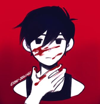 Rule 34 | 1boy, antenna hair, bare shoulders, black eyes, black hair, black tank top, blood, blood on face, blood on hands, closed mouth, colored skin, cropped shoulders, double-parted bangs, empty eyes, frown, gradient background, hair behind ear, hair between eyes, hand up, highres, jitome, k0re drawings, looking at viewer, male focus, no pupils, omori, omori (omori), red background, short hair, simple background, solo, straight-on, tank top, twitter username, very short hair, white skin