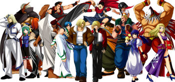 b._jenet belt bird_mask black_belt black_cape black_hair black_shirt black_shoes blonde_hair bomber_jacket boots brown_shoes cape carrying carrying_over_shoulder carrying_person coat dougi dress everyone fatal_fury fighting_stance flying_kick formal_clothes freeman freeman_(snk) futaba_hotaru garou:_mark_of_the_wolves gato_(snk) gloves grant_(snk) green_hair group_picture hokutomaru holding jacket kain_r_heinlein kevin_rian kicking kim_dong_hwan kim_jae_hoon long_hair long_sleeves marco_rodrigues marky martial_arts mask multiple_boys no~ma pants pet purple_dress red_scarf rock_howard scarf shiki_eiki shirt shoes smile suit taekwondo terry_bogard tizoc_(snk) touhou treasure_chest walking white_pants white_shirt white_suit wrestler