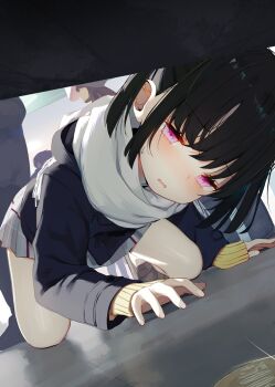 2025 all_fours bare_legs_girl_(kamizaki_hibana) black_hair blush embarrassed half-closed_eyes kamizaki_hibana long_sleeves looking_at_viewer miniskirt no_socks original pink_eyes pleated_skirt purple_scrunchie scarf school_uniform scrunchie short_hair short_twintails skirt sweater twintails white_scarf yellow_sweater