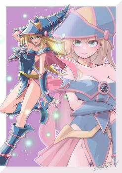 1girl :d arm_under_breasts artist_name bare_shoulders black_panties blonde_hair blue_boots blue_dress blue_hat blush blush_stickers boots breasts cleavage closed_mouth dark_magician_girl dress duel_monster green_eyes hair_between_eyes hat hexagram highres large_breasts leg_up long_hair multiple_views open_mouth panties pink_skirt sengenjin31 short_dress signature skirt smile underwear wizard_hat yu-gi-oh!