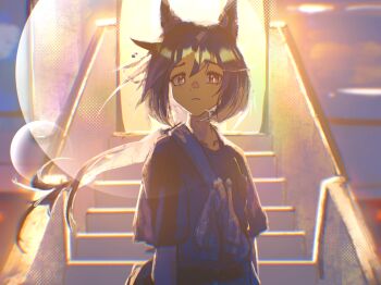 1girl absurdres animal_ears black_hair black_shirt blue_shirt brown_eyes brown_hair casual collarbone ear_covers hair_between_eyes highres horse_ears horse_girl long_hair looking_at_viewer multicolored_hair parted_lips peemy shirt stairs stay_gold_(casual)_(umamusume) stay_gold_(umamusume) streaked_hair tail umamusume upper_body white_hair