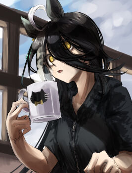 1girl absurdres ahoge animal_ears animal_print black_hair black_jacket cat_print cloud commentary_request cup ear_ornament ear_tag earrings hair_between_eyes hand_up highres holding holding_cup hood hood_down hooded_jacket horse_ears horse_girl jacket jewelry long_bangs long_hair long_hair_between_eyes long_sleeves manhattan_cafe_(umamusume) mug multicolored_hair murderdoll1641 outdoors parted_lips single_earring sky solo steam steaming_cup umamusume very_long_hair white_hair yellow_eyes