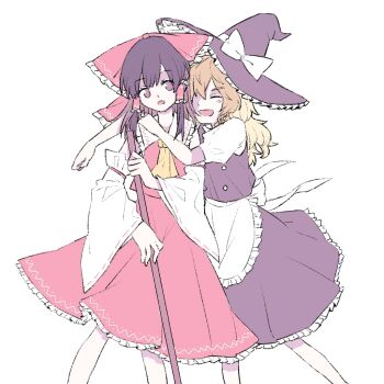 2girls apron ascot black_hat black_skirt black_vest blonde_hair bow braid broom brown_eyes commentary_request detached_sleeves frilled_bow frilled_hair_tubes frilled_skirt frills hair_bow hair_tubes hakurei_reimu hat hat_bow hitte5416 holding holding_broom hug kirisame_marisa long_hair multiple_girls open_mouth red_bow red_skirt ribbon-trimmed_sleeves ribbon_trim side_braid simple_background single_braid skirt skirt_set smile touhou vest waist_apron white_apron white_background white_bow witch_hat yellow_ascot
