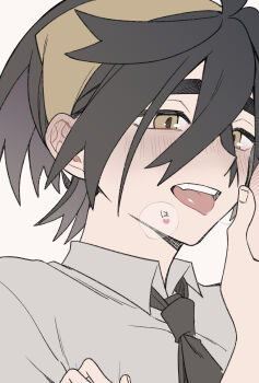 after_kiss black_necktie blush collared_shirt crossed_bangs dress_shirt hairband hand_on_another&#039;s_face highres kieran_(pokemon) looking_at_another male_focus naruse_makoto necktie nintendo open_mouth pokemon pokemon_sv saliva saliva_trail shirt short_hair solo_focus tongue tongue_out white_background white_shirt yellow_hairband