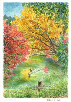 absurdres artist_name autumn autumn_leaves bird border colorful commentary_request dated day duck grass highres keisuke_k_(enyahoro) leaf nature no_humans original outdoors painting_(medium) pond scenery signature traditional_media tree water watercolor_(medium) white_border