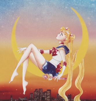 1girl absurdres barefoot bishoujo_senshi_sailor_moon blonde_hair blue_eyes blue_sailor_collar bow choker city cityscape crescent crescent_moon cutie_moon_rod double_bun earrings elbow_gloves from_side gloves hair_bun hair_ornament highres holding holding_wand jewelry long_hair magical_girl moon non-web_source red_bow red_choker sailor_collar sailor_moon sailor_senshi_uniform scan self-scan sitting skirt solo sunset tsukino_usagi twintails wand white_gloves