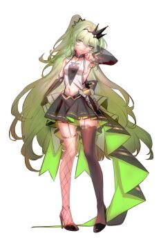 1girl absurdres asymmetrical_legwear black_gloves black_skirt black_sleeves black_thighhighs breasts closed_mouth clothing_cutout commentary_request fishnet_thighhighs fishnets full_body gloves green_eyes green_hair grey_background high_heels highres honkai_(series) honkai_impact_3rd hulai_de_gou_sheng medium_breasts mismatched_legwear mobius_(honkai_impact) navel navel_cutout revision simple_background single_glove single_sleeve skirt slit_pupils solo thighhighs wavy_hair