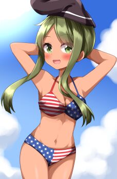 1girl american_flag american_flag_bikini american_flag_print bikini black_hat blue_bikini blue_sky breasts cleavage cloud cloudy_sky collarbone commentary_request cowboy_shot day flag_print flag_print_bikini green_eyes green_hair hat highres looking_at_viewer navel print_bikini red_bikini ruu_(tksymkw) short_hair_with_long_locks sky small_breasts solo star_(symbol) striped_bikini striped_clothes swimsuit tate_eboshi teireida_mai touhou