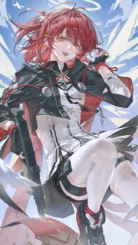 1girl :d absurdres arknights black_gloves black_shoes black_shorts blue_sky cape chinese_commentary cloud commentary cropped_jacket diffraction_spikes earrings energy_wings exusiai_(arknights) exusiai_the_new_covenant_(arknights) fingerless_gloves foot_out_of_frame gloves gun half_updo halo highres holding holding_gun holding_weapon hood hood_down hooded_jacket jacket jewelry kong_ming_kmmo kriss_vector looking_at_viewer looking_down midair open_clothes open_jacket open_mouth pouch red_cape red_eyes red_hair shirt shoes short_shorts shorts signature sky smile solo submachine_gun teeth thigh_pouch thigh_strap thighhighs upper_teeth_only weapon white_shirt white_thighhighs