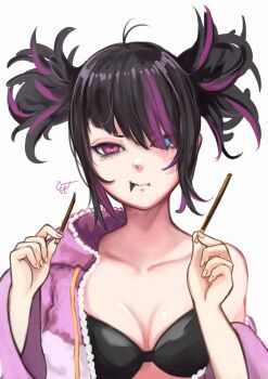 1girl absurdres black_bra black_hair blue_eyes blush bra breasts commentary eating han_juri heterochromia highres large_breasts looking_at_viewer momo_juice multicolored_hair navel official_alternate_costume pajamas pink_eyes pink_hair pink_pajamas short_twintails signature single_bare_shoulder solo street_fighter street_fighter_6 twintails two-tone_hair underwear