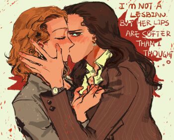 2girls american_psycho black_shirt blush brown_hair brown_jacket closed_eyes clothes_grab collarbone collared_shirt commentary curtained_hair dilated_pupils earrings empty_eyes english_commentary english_text fingernails from_side genderswap genderswap_(mtf) grey_jacket hair_slicked_back hand_on_another&#039;s_head highres jacket jewelry kiss long_hair long_sleeves looking_up medium_hair multiple_girls nadamxd_0o0 partially_unbuttoned patrick_bateman paul_allen_(american_psycho) profile raised_eyebrows red_background red_eyes shirt shirt_grab upper_body watch wavy_hair white_background white_shirt wristwatch yuri