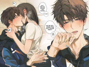 1boy 1girl aroused black_hair black_hoodie black_panties blue_jacket blush breath brown_hair caleb_(love_and_deepspace) closed_eyes couple english_text evil_fishie french_kiss grey_eyes half-closed_eyes hand_up highres hood hoodie jacket kiss long_hair love_and_deepspace moaning open_mouth panties protagonist_(love_and_deepspace) shirt short_hair speech_bubble straddling sweat t-shirt talking tongue tongue_out underwear upright_straddle white_shirt