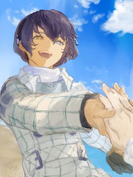 Rule 34 | 2boys, belt, belt buckle, blue eyes, blue hair, buckle, cloud, coat, collared coat, cowboy shot, hair behind ear, hair between eyes, hairband, heterochromia, highres, holding hands, long sleeves, looking at another, male focus, metal hairband, metaphor: refantazio, multiple boys, open mouth, out of frame, outstretched arm, patterned clothing, protagonist (metaphor: refantazio), samerkgk, shirt, sky, solo focus, strohl (metaphor: refantazio), teeth, upper teeth only, white coat, white shirt, wing collar, yellow eyes