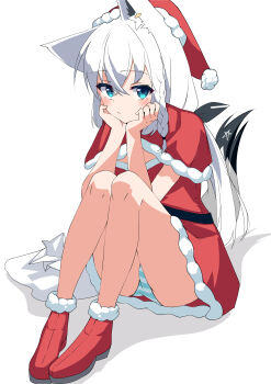 1girl absurdres alternate_costume animal_ears blue_panties blush breasts closed_mouth dress fox_ears fox_girl fox_tail fur-trimmed_dress fur-trimmed_headwear fur-trimmed_shoes fur_trim hat highres hololive looking_at_viewer panties red_dress red_hat red_shoes santa_costume santa_dress santa_hat shirakami_fubuki shirayuki_(snow_link) shoes small_breasts striped_clothes striped_panties tail underwear virtual_youtuber white_background white_hair white_panties