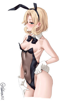 1girl animal_ears bare_shoulders black_bow black_hairband black_leotard blonde_hair blue_eyes blush bow breasts collar collarbone commentary_request covered_navel cropped_legs detached_collar ebifurya fake_animal_ears gloves groin hairband hashtag-only_commentary highres janus_(kancolle) kantai_collection leotard looking_at_viewer one-hour_drawing_challenge parted_lips playboy_bunny rabbit_ears rabbit_tail short_hair simple_background small_breasts solo sweat tail twitter_username white_background white_collar white_gloves wing_collar