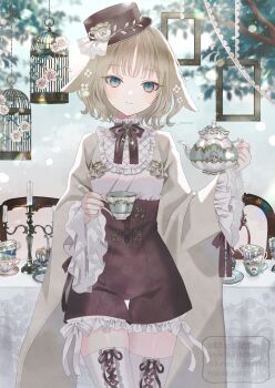 1girl absurdres animal_ears bib_collar birdcage black_bow black_bowtie black_hat black_ribbon black_shorts blonde_hair bloomers blue_eyes bow bowtie branch breasts cage candelabra candle candlestand chair closed_mouth collar commentary_request cowboy_shot cup egg empty_picture_frame fingernails flower frilled_collar frills hair_flower hair_ornament hat high-waist_shorts highres holding holding_cup holding_teapot indoors long_sleeves looking_at_viewer medium_breasts mini_hat nail_polish original paruno picture_frame pink_nails rabbit_ears rabbit_girl ribbon ribbon-trimmed_thighhighs ribbon_trim saucer shirt shorts shrug_(clothing) smile solo standing table tablecloth teacup teapot thighhighs twitter_username underwear watermark white_bloomers white_collar white_flower white_ribbon white_shirt wide_sleeves