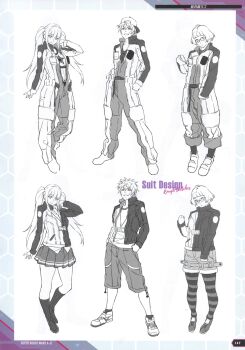 Rule 34 | 1boy, 2girls, absurdres, alternate hairstyle, artbook, baseball cap, braid, breasts, breasts apart, cleavage, concept art, full body, grin, hair ribbon, hand in own hair, hat, highres, inui asahi, inui honoka, large breasts, logo, long hair, looking at viewer, monochrome, multiple girls, multiple views, non-web source, official art, open mouth, parted lips, plaid clothes, plaid skirt, reference sheet, ribbon, scan, shatte judevesten, shiny skin, short hair, shorts, sketch, skirt, smile, standing, striped clothes, striped thighhighs, super robot wars, super robot wars x-omega, thighhighs, track suit, twintails, watanabe wataru (character designer), wide hips