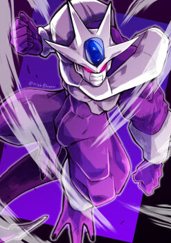 Rule 34 | 1boy, abs, absurdres, alien, armor, artist name, black nails, breastplate, chest jewel, clenched hands, colored skin, commentary, cooler (dragon ball), cooler (fifth form) (dragon ball), dragon ball, dragonball z, glowing, glowing eyes, highres, horns, muscular, muscular male, no pupils, originbeginer, outline, pink eyes, purple skin, shoulder armor, solo, tail, vambraces, white outline, wind