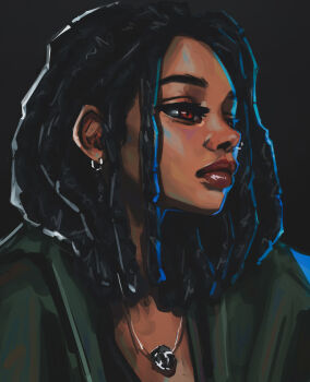 1girl absurdres art_study black_background black_hair brown_eyes closed_mouth commentary dark-skinned_female dark_skin dreadlocks earrings english_commentary highres jewelry lips looking_ahead medium_hair necklace nose original portrait realistic solo titanartx
