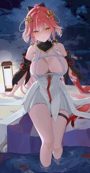 1girl absurdres bare_shoulders black_bow black_collar bow braid breasts changli_(wuthering_waves) chinese_commentary cleavage closed_mouth collar colored_extremities commentary_request dress hair_bow hair_extensions hair_ornament highres large_breasts legs long_hair looking_at_viewer multicolored_hair no_jacket pink_hair ponytail red_hands ring_hair_extensions sitting smile soaking_feet solo thigh_strap twin_braids two-tone_hair very_long_hair white_dress white_hair wuthering_waves yellow_eyes youmiao_oxo