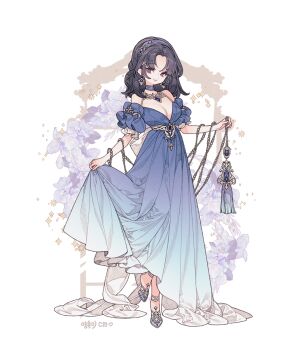 Rule 34 | 1girl, black hair, blue choker, blue dress, blue gem, breasts, chain, choker, cleavage, closed mouth, clothes lift, commission, dress, dress lift, earrings, full body, gem, gradient clothes, gradient dress, hair ornament, hairband, high heels, jewelry, layered sleeves, lemon89h, long dress, looking at viewer, medium breasts, medium hair, necklace, original, purple eyes, shoes, short sleeves, signature, smile, solo, white shoes, x hair ornament
