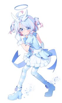 1girl absurdres ahoge alternate_costume alternate_hairstyle arona_(blue_archive) blue_archive blue_boots blue_eyes blue_hair blue_halo blue_jacket blue_pantyhose blush boots chokkon grin hair_between_eyes hair_ornament halo high_heel_boots high_heels highres jacket looking_at_viewer multicolored_hair pantyhose pink_hair shirt short_hair sidelocks skirt smile solo striped_clothes striped_pantyhose two-tone_hair two_side_up white_shirt white_skirt wing_hair_ornament