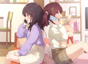2girls bedroom black_hair bookshelf brown_eyes brown_shorts cellphone chair cohiyuri commentary_request couch feet_out_of_frame from_side furutachi_kurea hair_ornament hair_scrunchie hairclip hand_up hibi_wa_sugiredo_meshi_umashi highres holding holding_phone indoors kawai_mako living_room long_hair long_sleeves medium_hair multiple_girls on_bed on_couch open_mouth parallel_hairclips phone purple_sweater red_hair scrunchie short_shorts shorts sideways_mouth sitting skirt slice_of_life smartphone split_screen stuffed_animal stuffed_rabbit stuffed_toy sweater sweater_tucked_in talking_on_phone twintails white_skirt white_sweater wooden_floor x_hair_ornament yellow_scrunchie