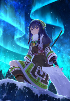 1girl absurdres ainu_clothes aurora black_hair bow_(weapon) braid braided_sidelocks headscarf highres jewelry outdoors pilika_(rune_factory) purple_eyes rune_factory rune_factory:_guardians_of_azuma scarf user_xtmy5285 weapon wolf