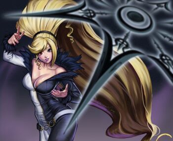 1girl absurdly_long_hair absurdres bare_shoulders black_eyes blonde_hair breasts cleavage commentary dress english_commentary fur_trim heterochromia high_ponytail highres hilda_(under_night_in-birth) large_breasts long_hair looking_at_viewer multicolored_dress necromantichimp off-shoulder_dress off_shoulder ponytail portrait purple_lips red_eyes smile solo swept_bangs two-tone_dress under_night_in-birth very_long_hair