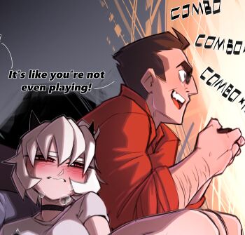 1boy 1girl :d black_choker blush brown_hair choker commentary controller demon_girl demon_horns english_commentary english_text fang from_side half-closed_eyes helltaker helltaker_(character) highres holding holding_controller horns long_sleeves malina_(helltaker) open_mouth profile pudgeruffian red_eyes red_shirt shirt short_hair smile teeth white_hair