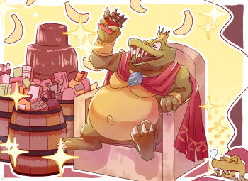 Rule 34 | > <, animal, banana, barrel, bloodshot eyes, blue gemstone, border, bracelet, candy, cape, chocolate, chocolate bar, chocolate fountain, closed eyes, clothed animal, commentary request, crocodilian, crown, donkey kong (series), dreaming, food, fruit, fur-trimmed headwear, fur trim, gem, glutton, gold bracelet, gold crown, grey shirt, hat, highres, holding, holding chocolate, holding food, jewelry, king k. rool, multiple views, nightcap, nintendo, no humans, nose bubble, open mouth, outline, outside border, pimuppa, pom pom (clothes), red cape, red hat, sharp teeth, shirt, sitting, sitting on throne, sleeping, sparkle, speech bubble, teeth, thought bubble, throne, torn cape, torn clothes, under covers, valentine, white border, white outline, yellow background