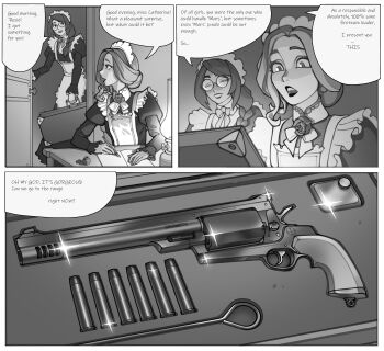 2girls absurdres alternate_costume apron braid brooch bullet commentary dress english_commentary english_text enmaided flower frilled_apron frills glasses gun handgun highres ivan_yakushev jewelry kerosene_lamp long_hair maid maid_apron maid_headdress multiple_girls original puffy_sleeves revolver rose sparkle waist_apron weapon weapon_case